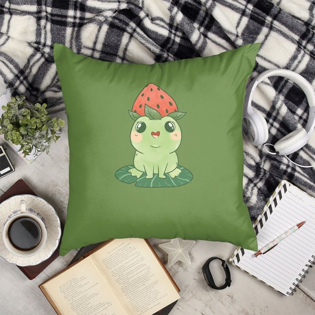 Kawaii Strawberry Frog Anime Throw Pillow (Creator Uploaded)