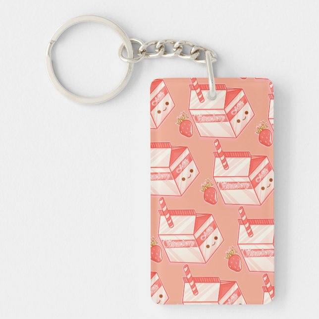 Kawaii Strawberry Milk Carton - Cute Aesthetic Art Keychain (Front)