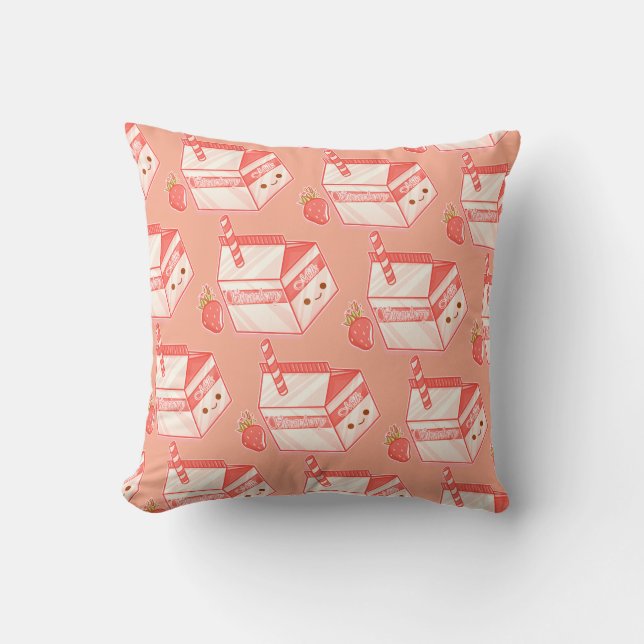 Kawaii Strawberry Milk Carton - Cute Aesthetic Art Throw Pillow (Front)