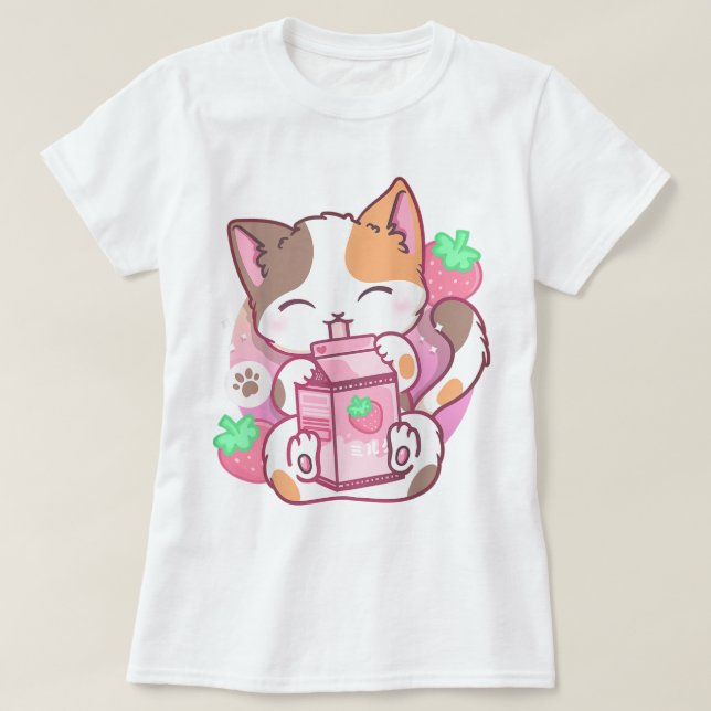 Kawaii Strawberry Milk Cat Design T-Shirt (Design Front)