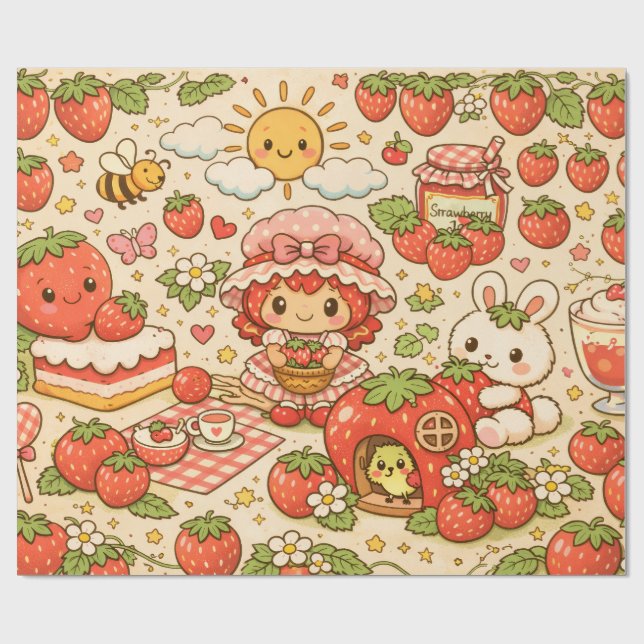 Kawaii Strawberry Picnic Wrapping Paper (Flat)