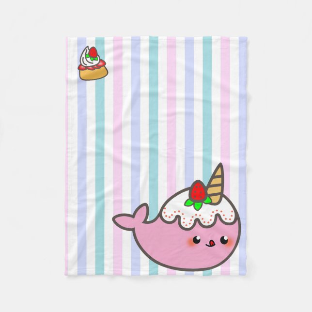 Kawaii Strawberry Shortcake Narwhal Fleece Blanket (Front)
