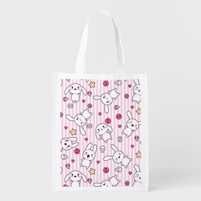 kawaii stripes pattern grocery bag (Front)