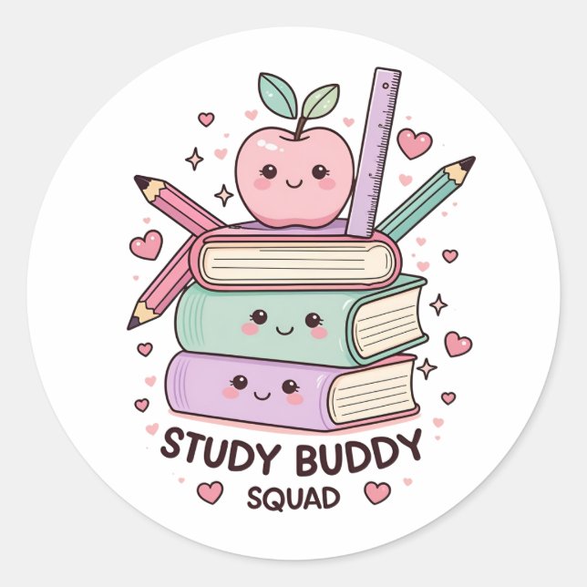 Kawaii Study Buddy Squad School Supplies  Classic Round Sticker (Front)