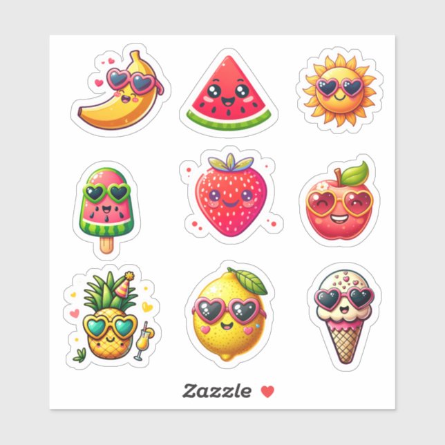Kawaii Style Summer 9 elements sticker sheet (Sheet)