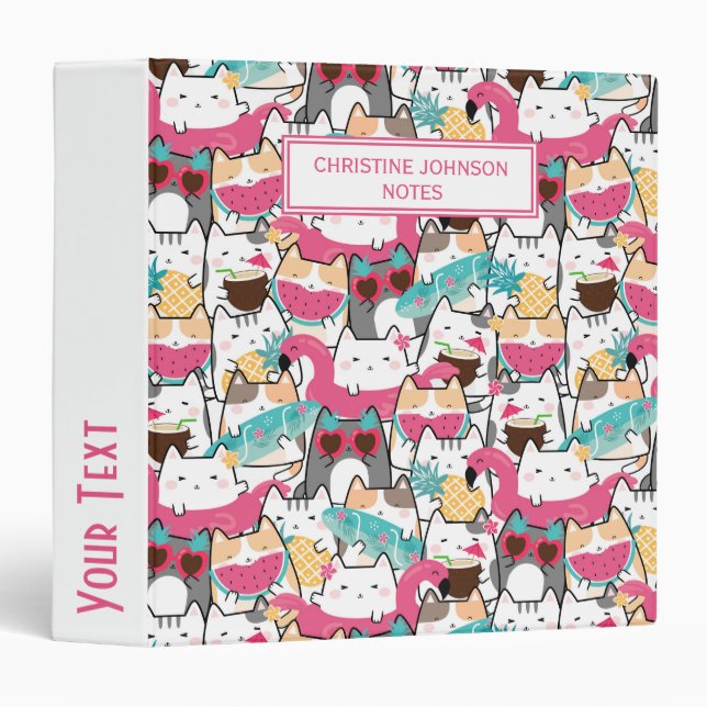 Kawaii Summer Cat Pattern 3 Ring Binder (Front/Spine)