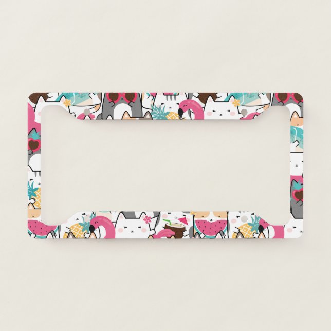 Kawaii Summer Cat Pattern License Plate Frame (Front)
