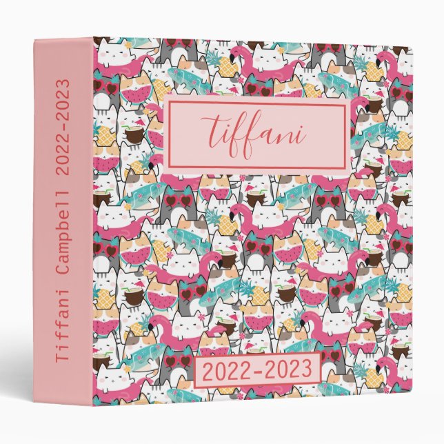 Kawaii Summer Cute Kitty Cats 3 Ring Binder (Front/Spine)