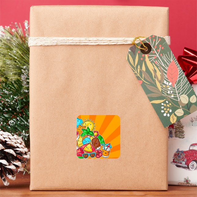 Kawaii Summer Doodles Sun Beach and Tropical Square Sticker (Creator Uploaded)