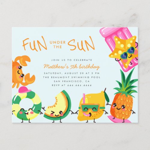Kawaii Summer Fun Under The Sun Kids Birthday Invitation Postcard
