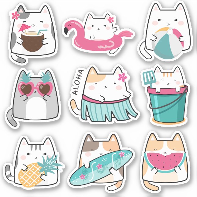 Kawaii Summer Hawaii Kitty Vinyl Stickers (Front)