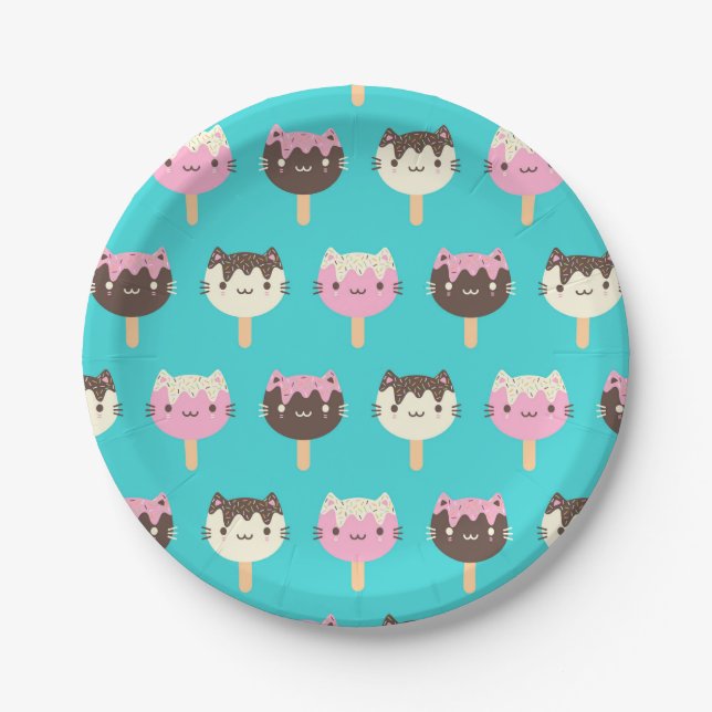 Kawaii Summer Ice Lolly Popsicle Cats Paper Plates (Front)