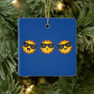 Kawaii Sun with Sunglasses Happy Emoji Faces Ceramic Ornament