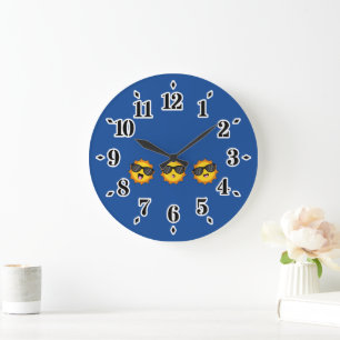 Kawaii Sun with Sunglasses Happy Emoji Faces Large Clock
