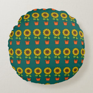 Kawaii Sunflower Plant in a Pot Round Pillow