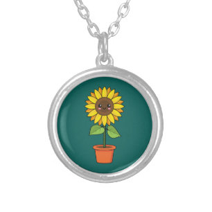Kawaii Sunflower Plant in a Pot Silver Plated Necklace