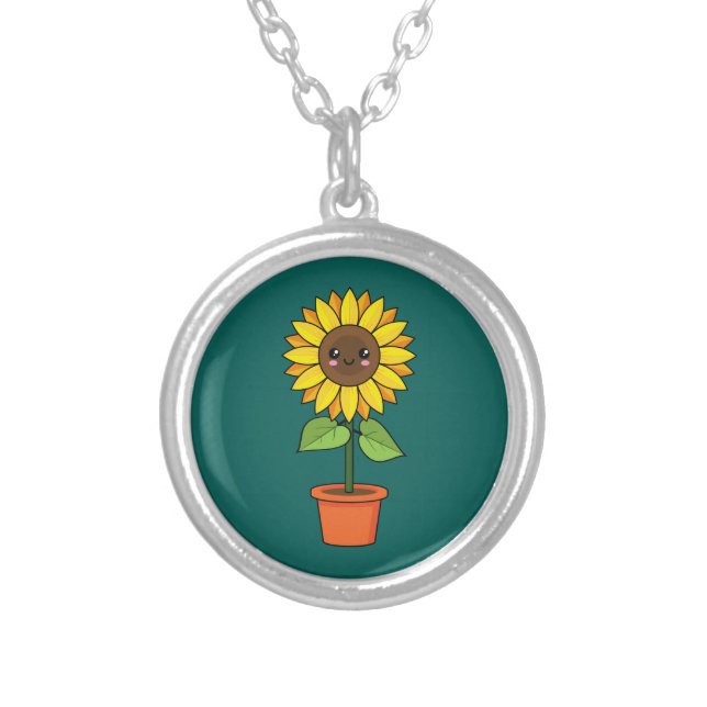 Kawaii Sunflower Plant in a Pot Silver Plated Necklace (Front)