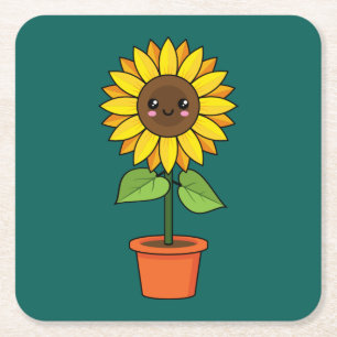 Kawaii Sunflower Plant in a Pot Square Paper Coaster