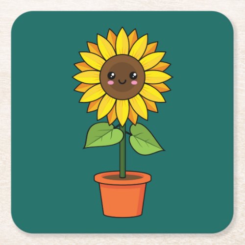 Kawaii Sunflower Plant in a Pot Square Paper Coaster