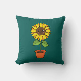 Kawaii Sunflower Plant in a Pot Throw Pillow