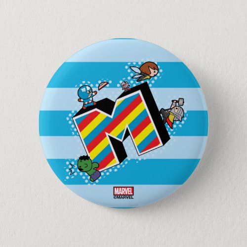 Kawaii Super Heroes on Striped M Pinback Button