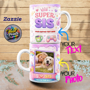 Kawaii "Super Sis" Gaming & Unicorn Photo Collage Coffee Mug