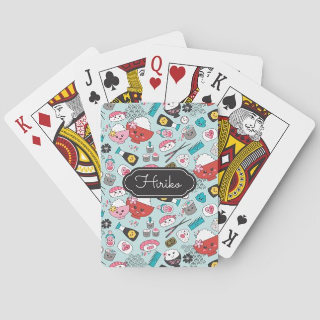 Kawaii Sushi Blue Personalized Poker Cards (Back)
