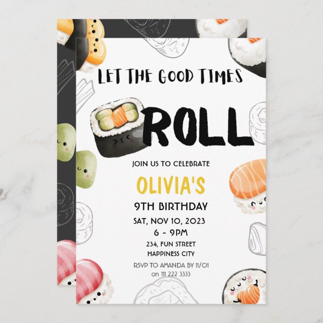 Kawaii Sushi Good Times Roll Kids Adult Birthday Invitation (Front/Back)