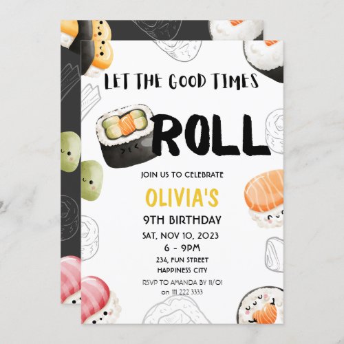 Kawaii Sushi Good Times Roll Kids Adult Birthday Invitation