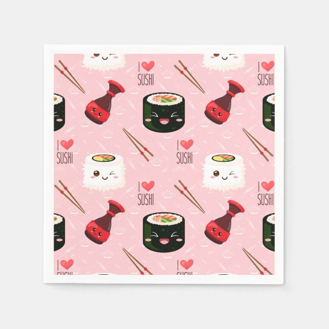 Kawaii Sushi Pattern Light Pink  Napkins (Front)