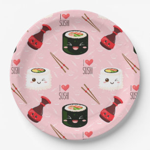 Kawaii Sushi Pattern Light Pink    Paper Plates