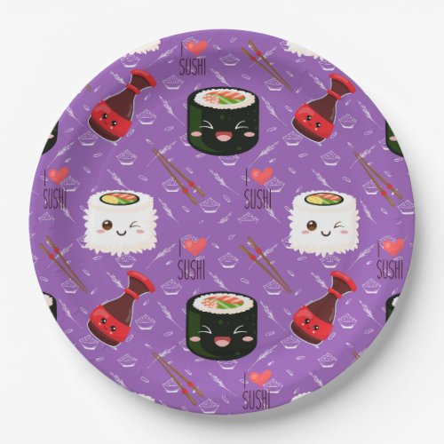 Kawaii Sushi Pattern Purple  Paper Plates