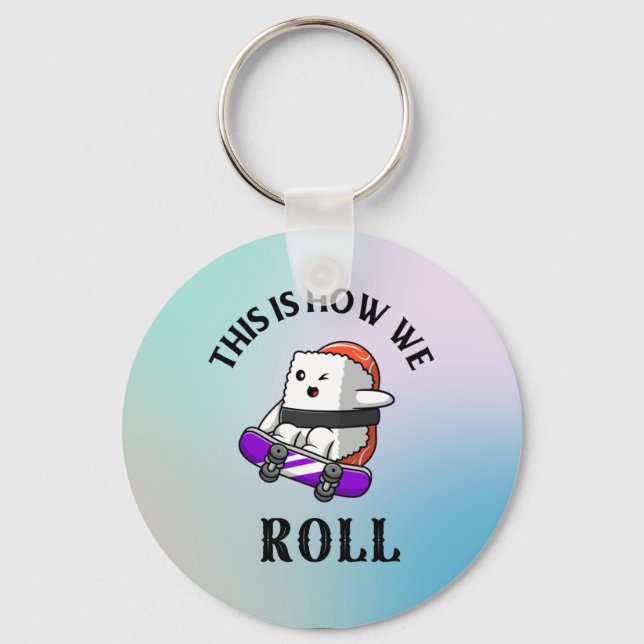 Kawaii Sushi riding skateboard Keychain (Front)