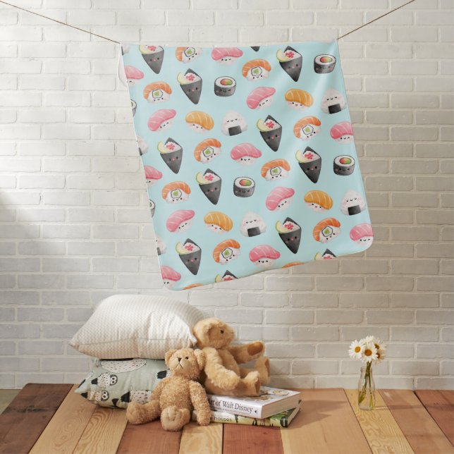 kawaii sushi rolls, sushi pattern baby blanket (In Situ)