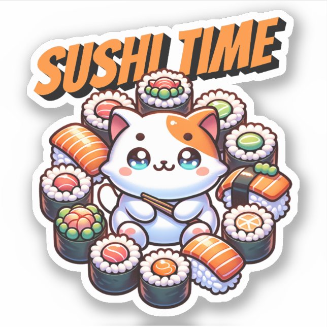 Kawaii Sushi Time Cat Sticker (Front)