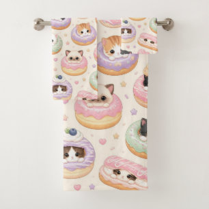 Kawaii Sweet Donut Kittens Pastry Pattern Bath Towel Set