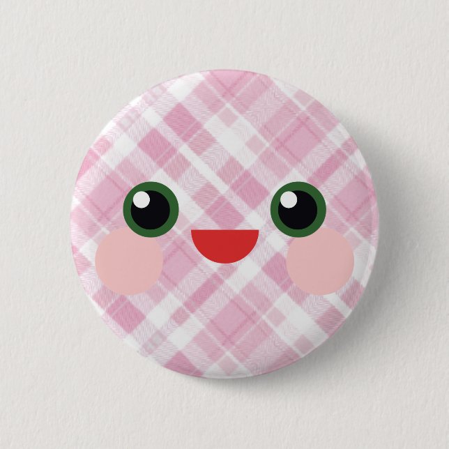 Kawaii Sweet Eyes Adorable Plaid Face Friend Button (Front)