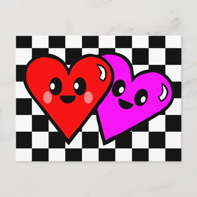 Kawaii Sweety Hearts Checkerboard Postcard (Front)