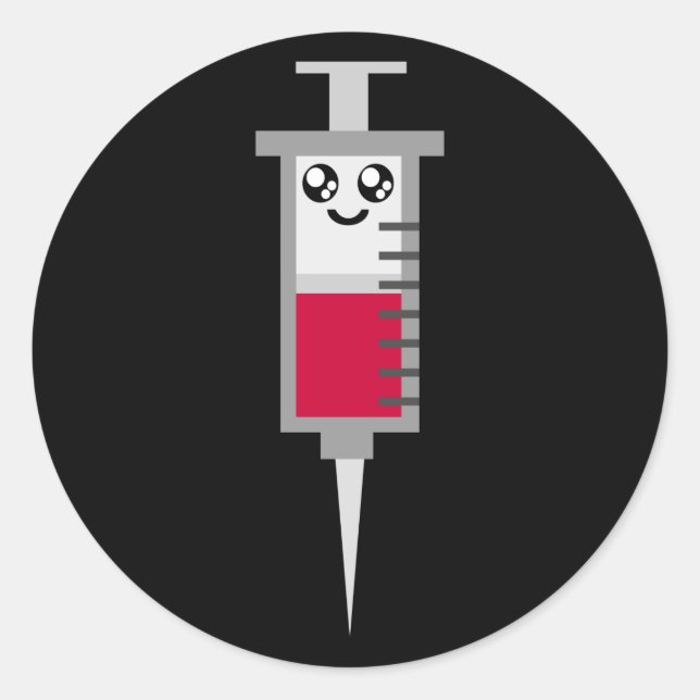 KAWAII SYRINGE SHOT MEDICAL HAPPY FACE CLASSIC ROUND STICKER (Front)