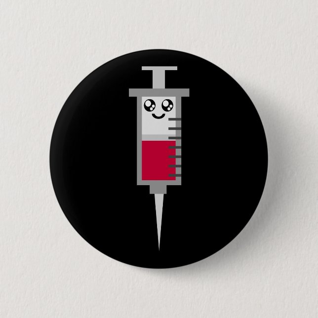 KAWAII SYRINGE SHOT MEDICAL HAPPY FACE PINBACK BUTTON (Front)