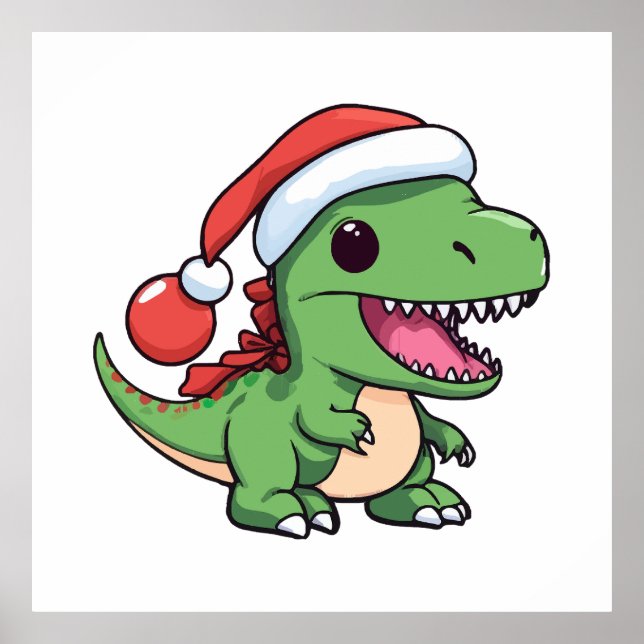 Kawaii T-Rex Dinosaur in Christmas Hat Poster (Front)