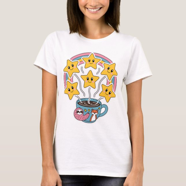 Kawaii T-Shirt - Cute Rainbow Cup with Stars (Front)