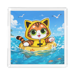 Kawaii Tabby Cat in Yellow Life Jacket & Swim Ring Acrylic Tray