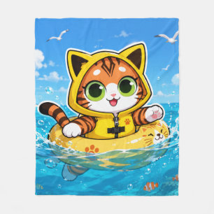 Kawaii Tabby Cat in Yellow Life Jacket & Swim Ring Fleece Blanket