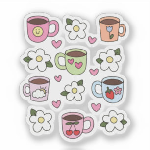 Kawaii tea cup and flowers sticker