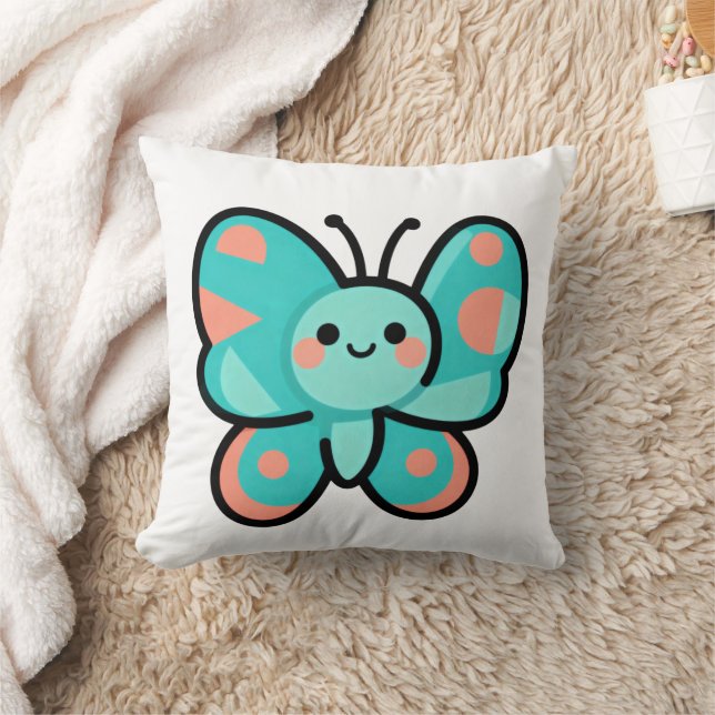 Kawaii Teal Butterfly Happy Face Cartoon Art Throw Pillow (Blanket)