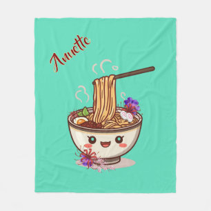 Kawaii Teal Ramen Food Bowl with Japanese Flowers Fleece Blanket
