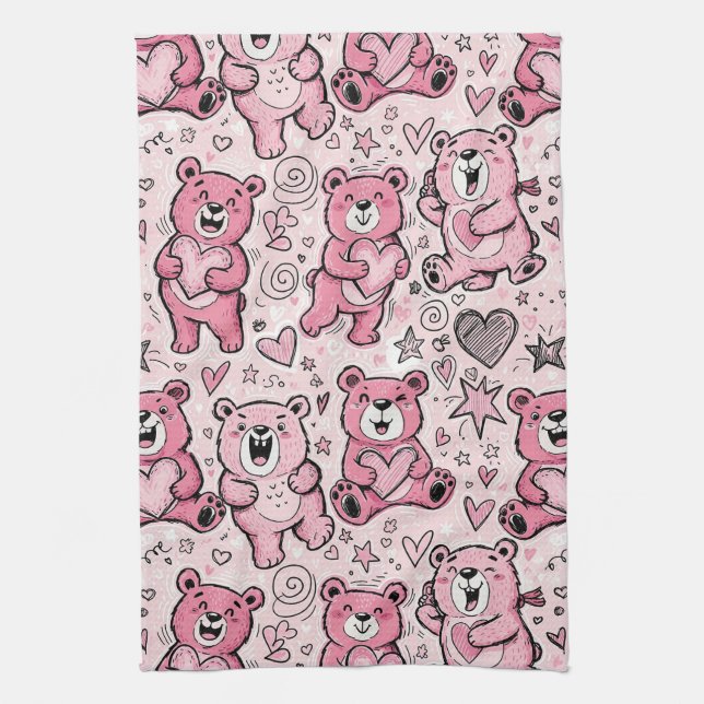 Kawaii Teddy Bear Pink Pattern Kitchen Towel (Vertical)
