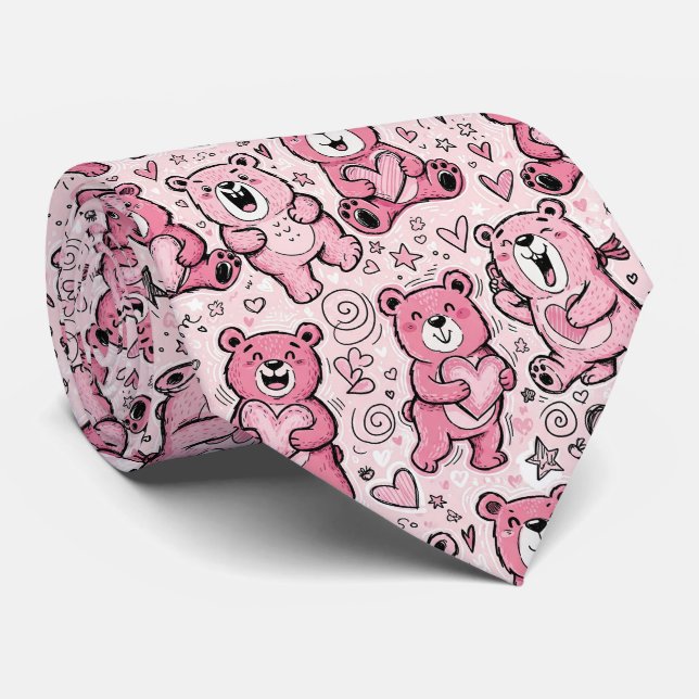 Kawaii Teddy Bear Pink Pattern Neck Tie (Rolled)