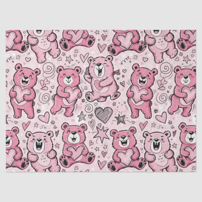 Kawaii Teddy Bear Pink Pattern Tissue Paper (Front)